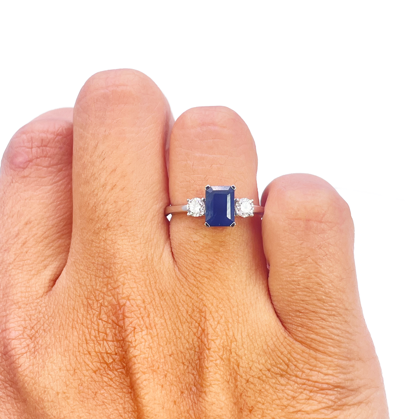 18ct Gold Sapphire Diamond Ring Natural Round & Emerald Cut Three-Stone 1.47ct  Diamond Ring