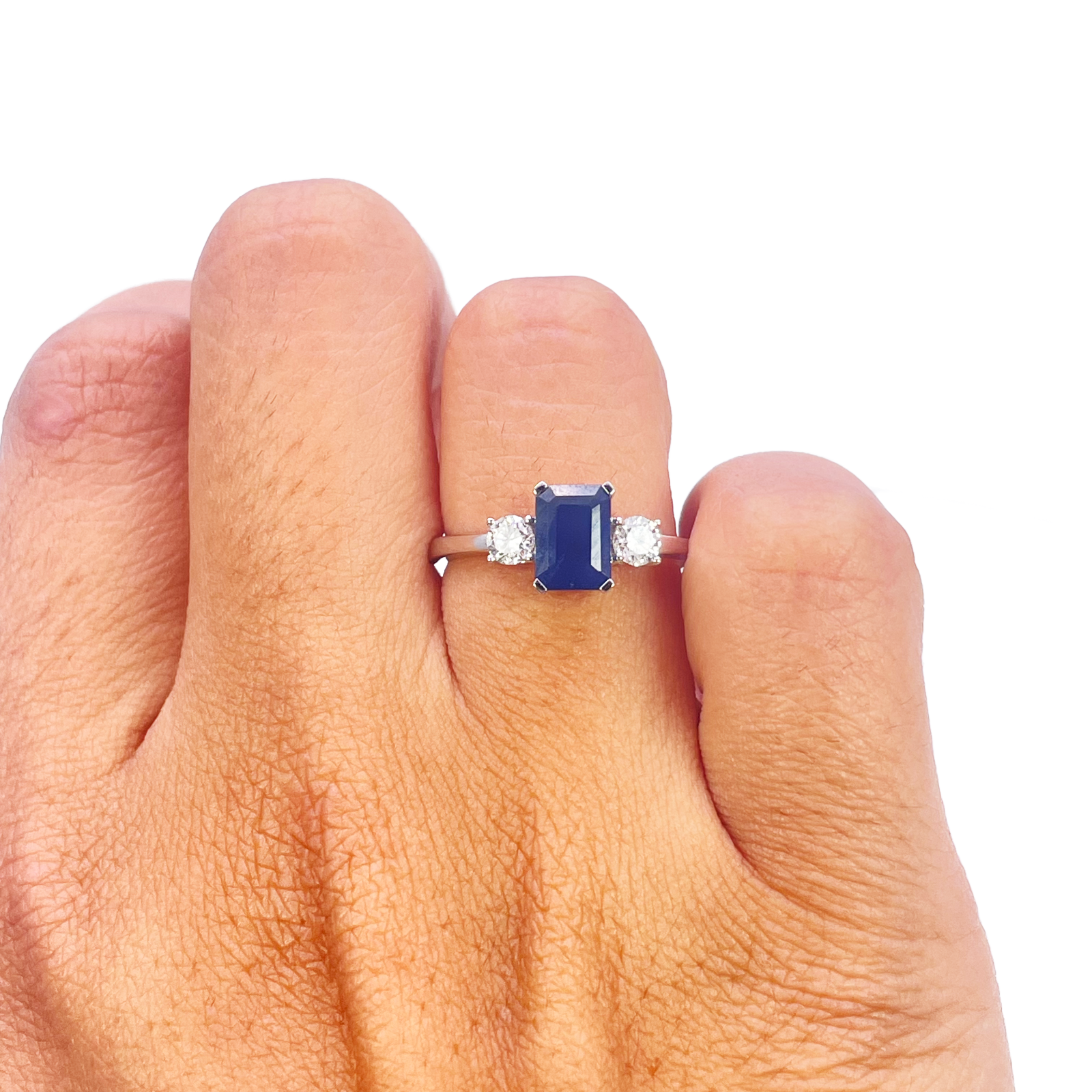 18ct Gold Sapphire Diamond Ring Natural Round & Emerald Cut Three-Stone 1.47ct  Diamond Ring