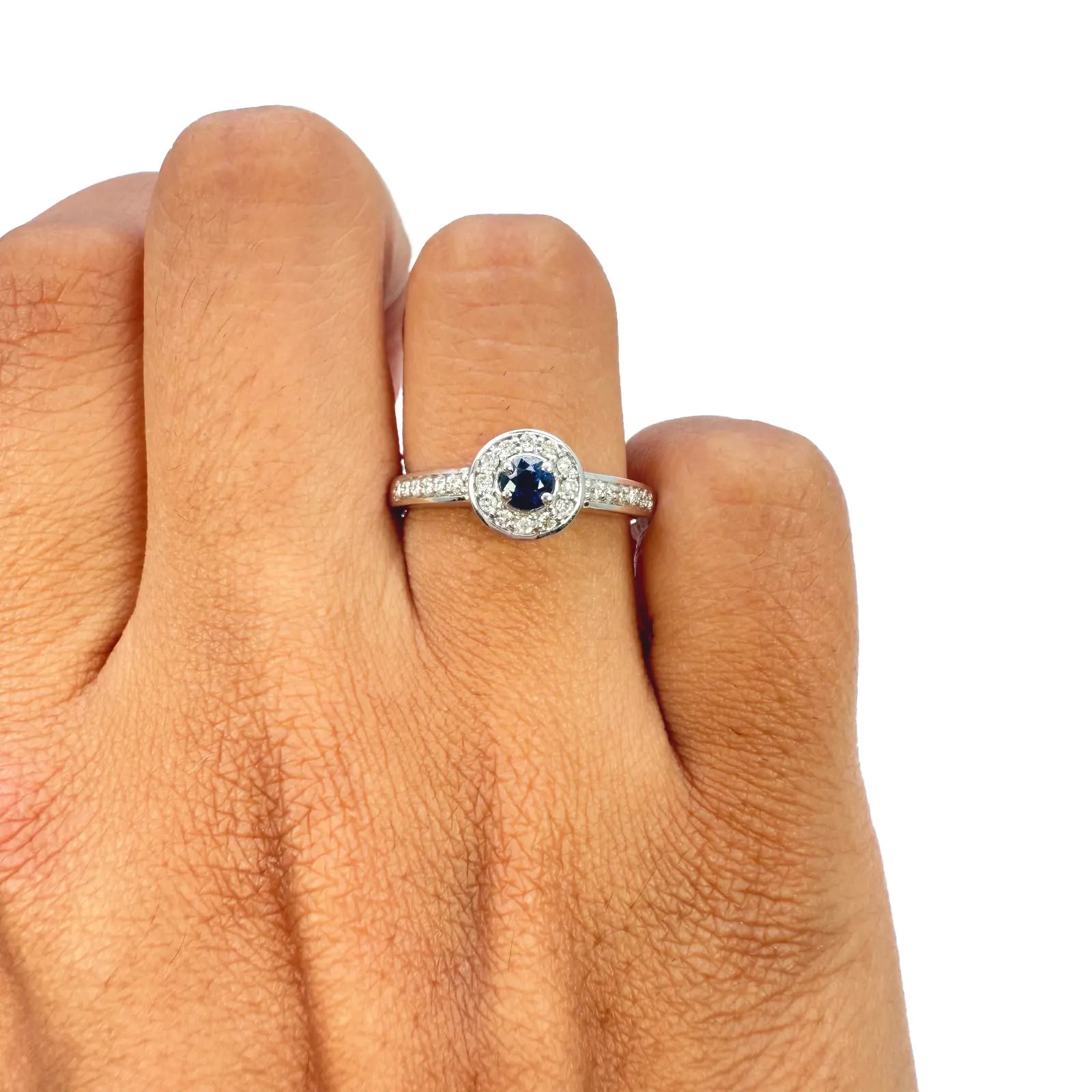 18ct Natural Blue Sapphire & Round Diamond Halo Half Eternity Ring 0.35ct  Diamond Ring