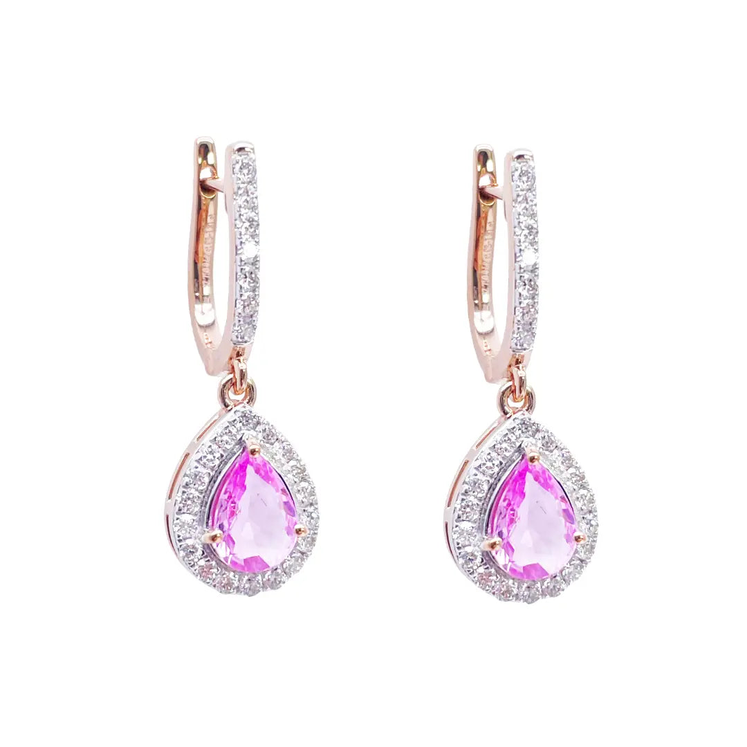 18ct Rose Gold Diamond & Pink Sapphire Pear Halo Teardrop Earrings 1.79ct  Earrings