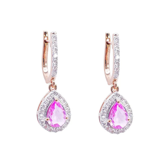 18ct Rose Gold Diamond & Pink Sapphire Pear Halo Teardrop Earrings 1.79ct  Earrings