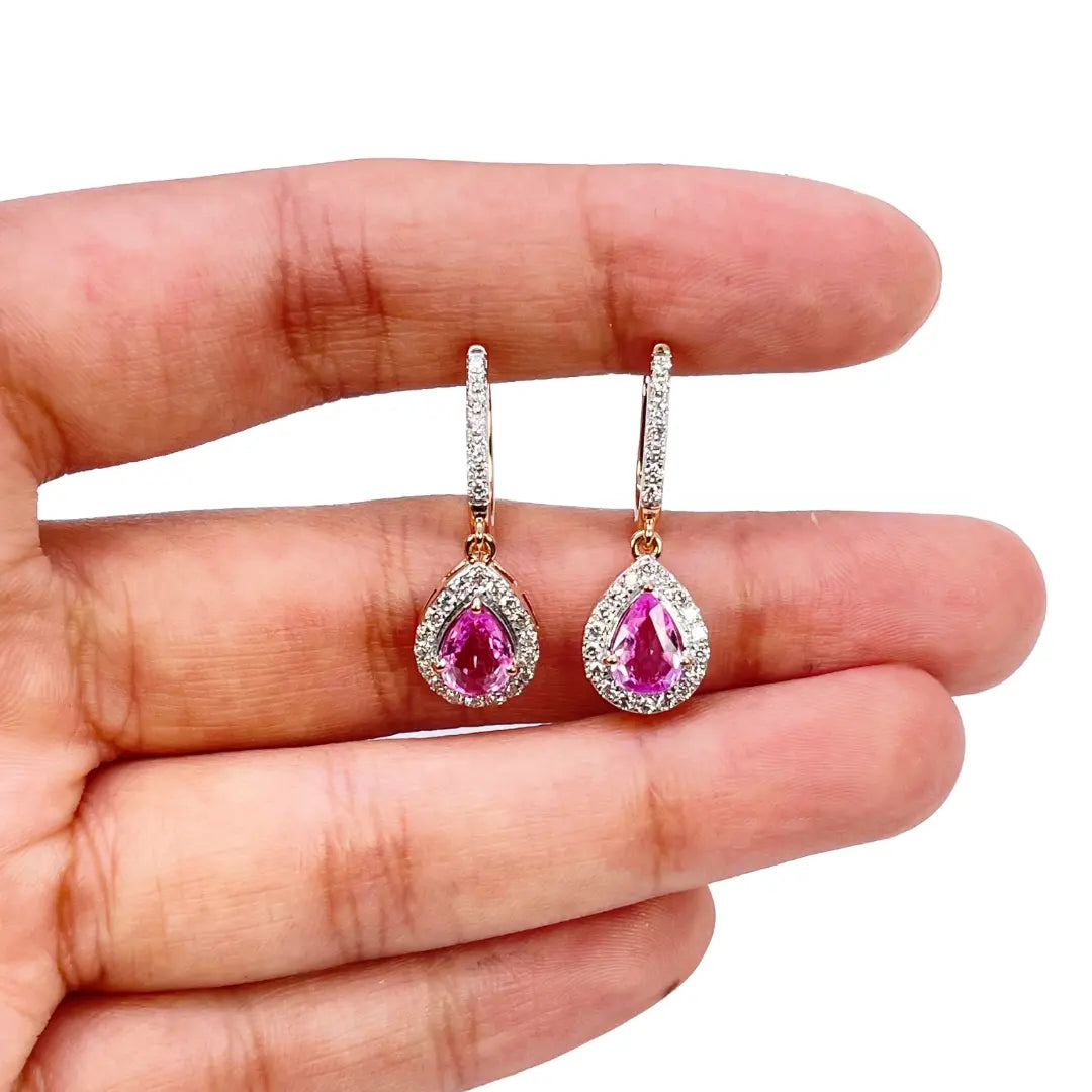 18ct Rose Gold Diamond & Pink Sapphire Pear Halo Teardrop Earrings 1.79ct  Earrings