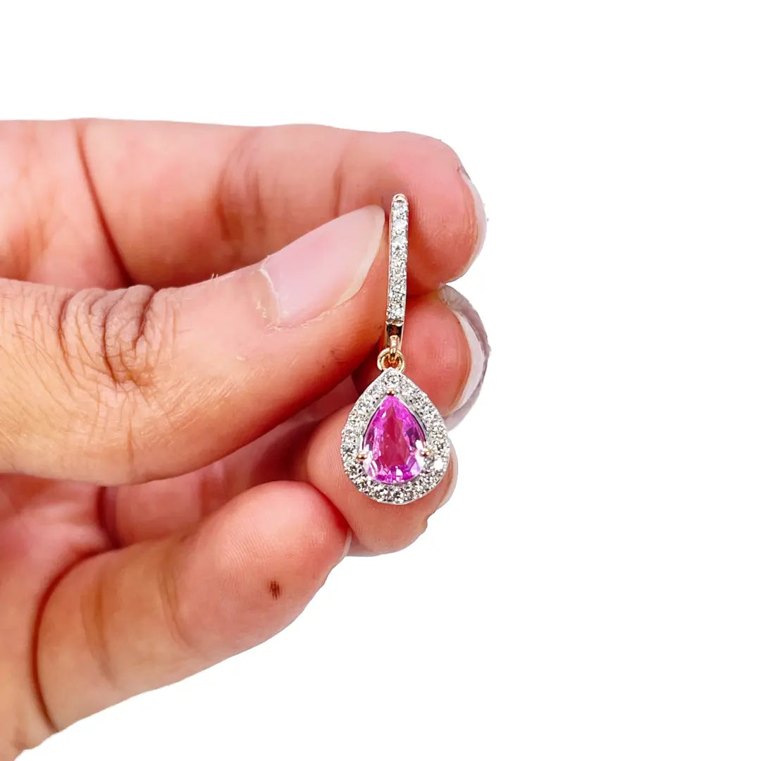 18ct Rose Gold Diamond & Pink Sapphire Pear Halo Teardrop Earrings 1.79ct  Earrings