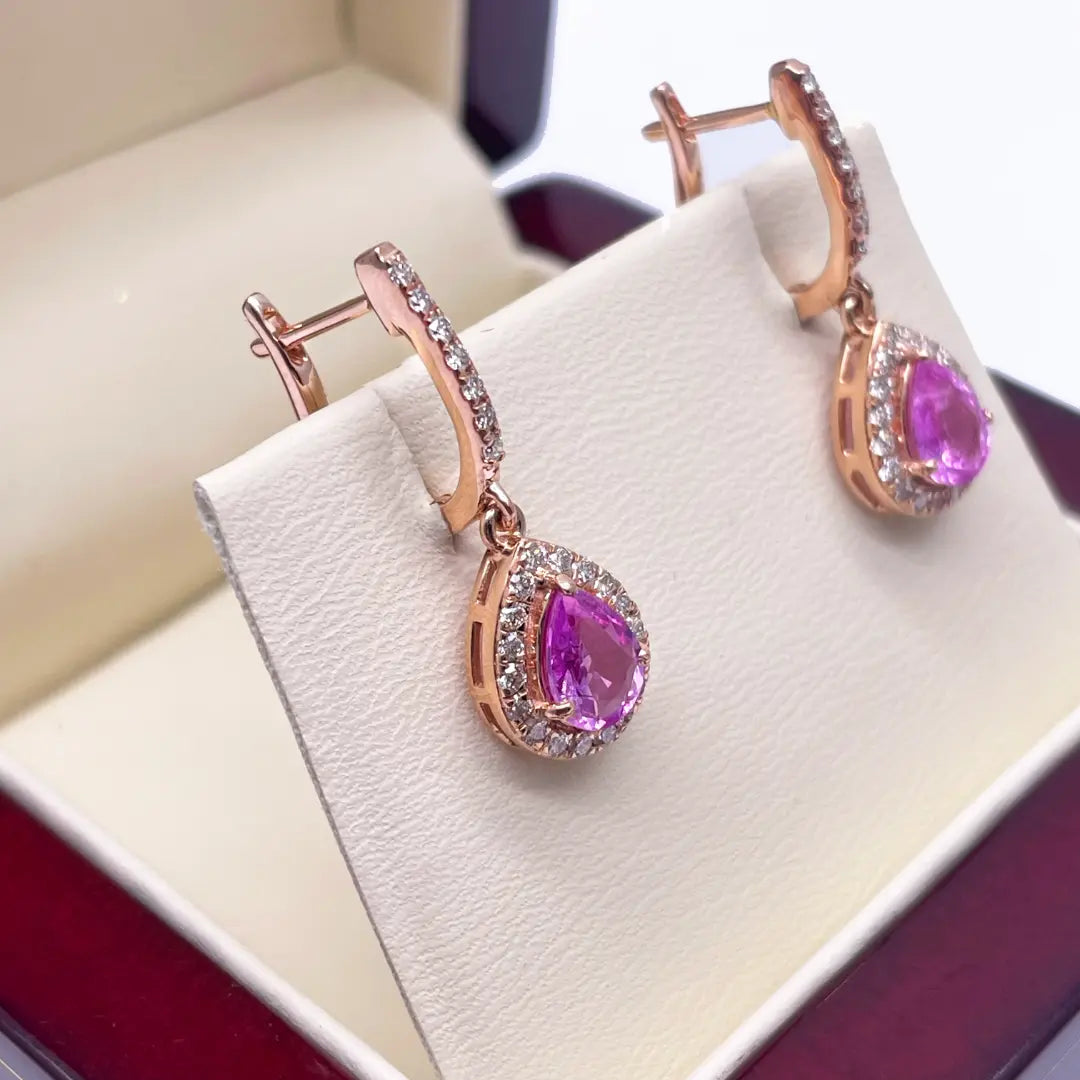 18ct Rose Gold Diamond & Pink Sapphire Pear Halo Teardrop Earrings 1.79ct  Earrings