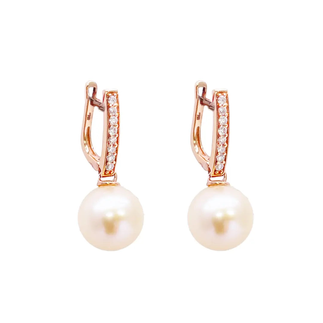 18ct Rose Gold Elegant Natural Diamonds & Pearl Drop Hoop Earrings 0.15ct 