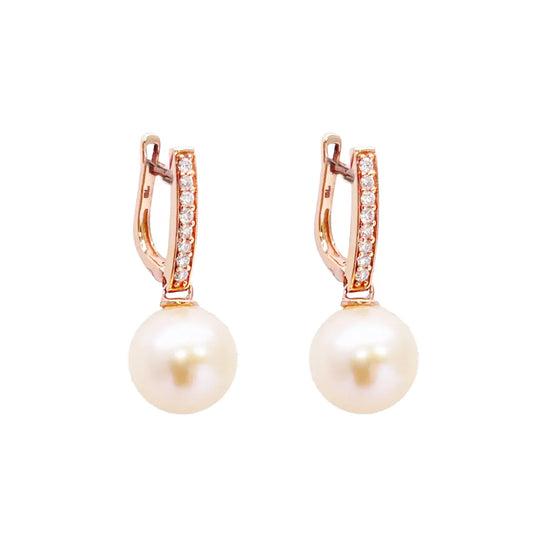 18ct Rose Gold Elegant Natural Diamonds & Pearl Drop Hoop Earrings 0.15ct 