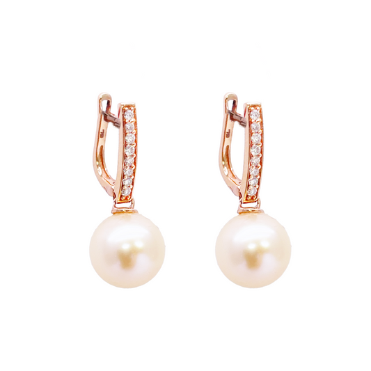 18ct Rose Gold Elegant Natural Diamonds & Pearl Drop Hoop Earrings 0.15ct 