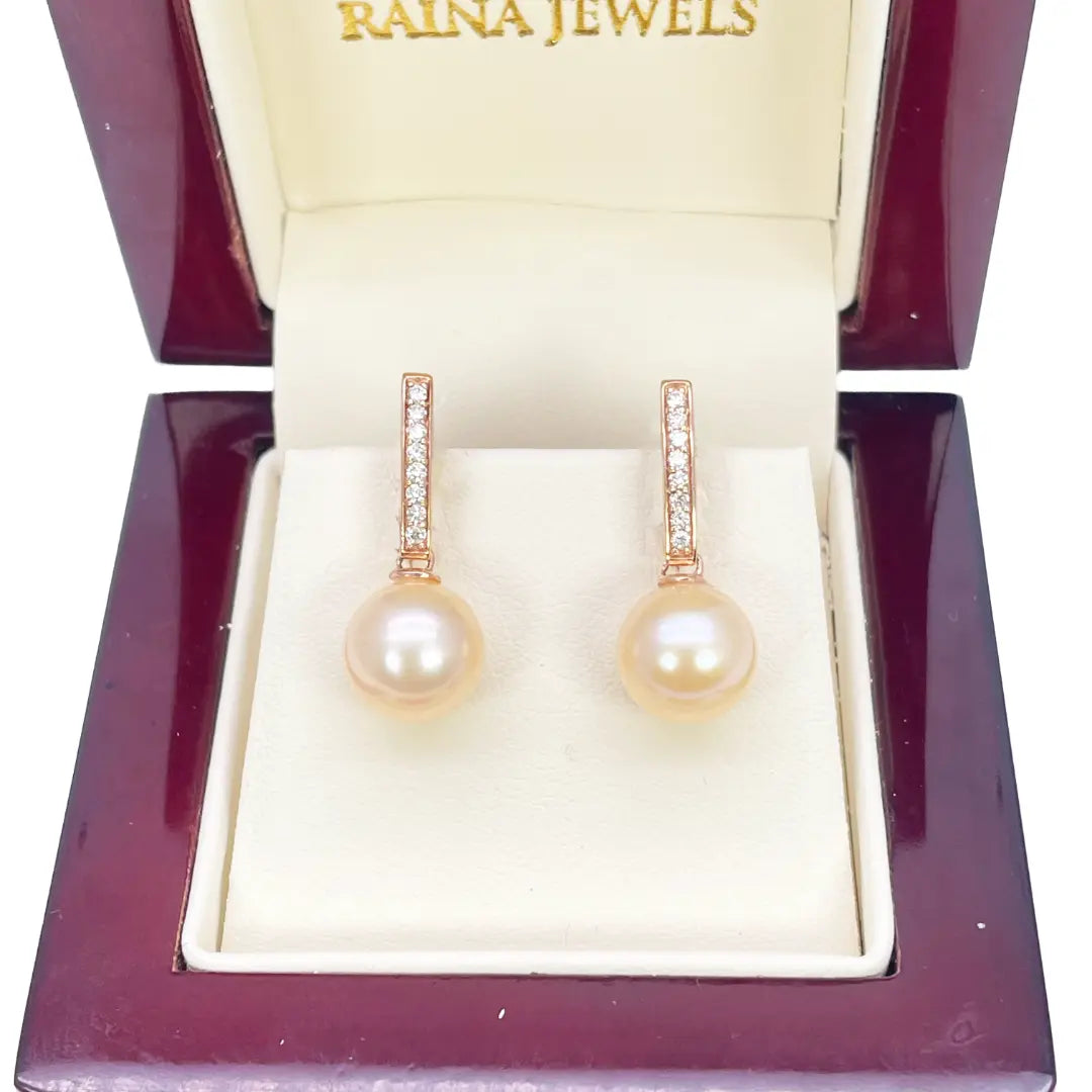 18ct Rose Gold Elegant Natural Diamonds & Pearl Drop Hoop Earrings 0.15ct 