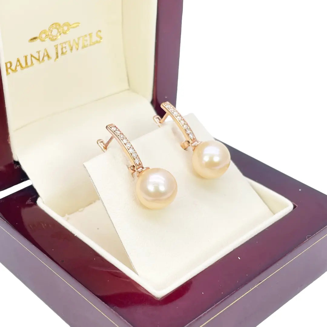 18ct Rose Gold Elegant Natural Diamonds & Pearl Drop Hoop Earrings 0.15ct 