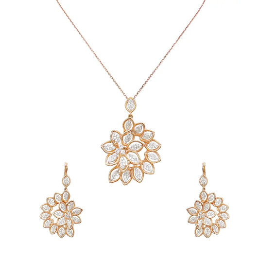 18ct Rose Gold Floral Natural Diamond Pendant, Chain & Matching Earrings 2.60ct 