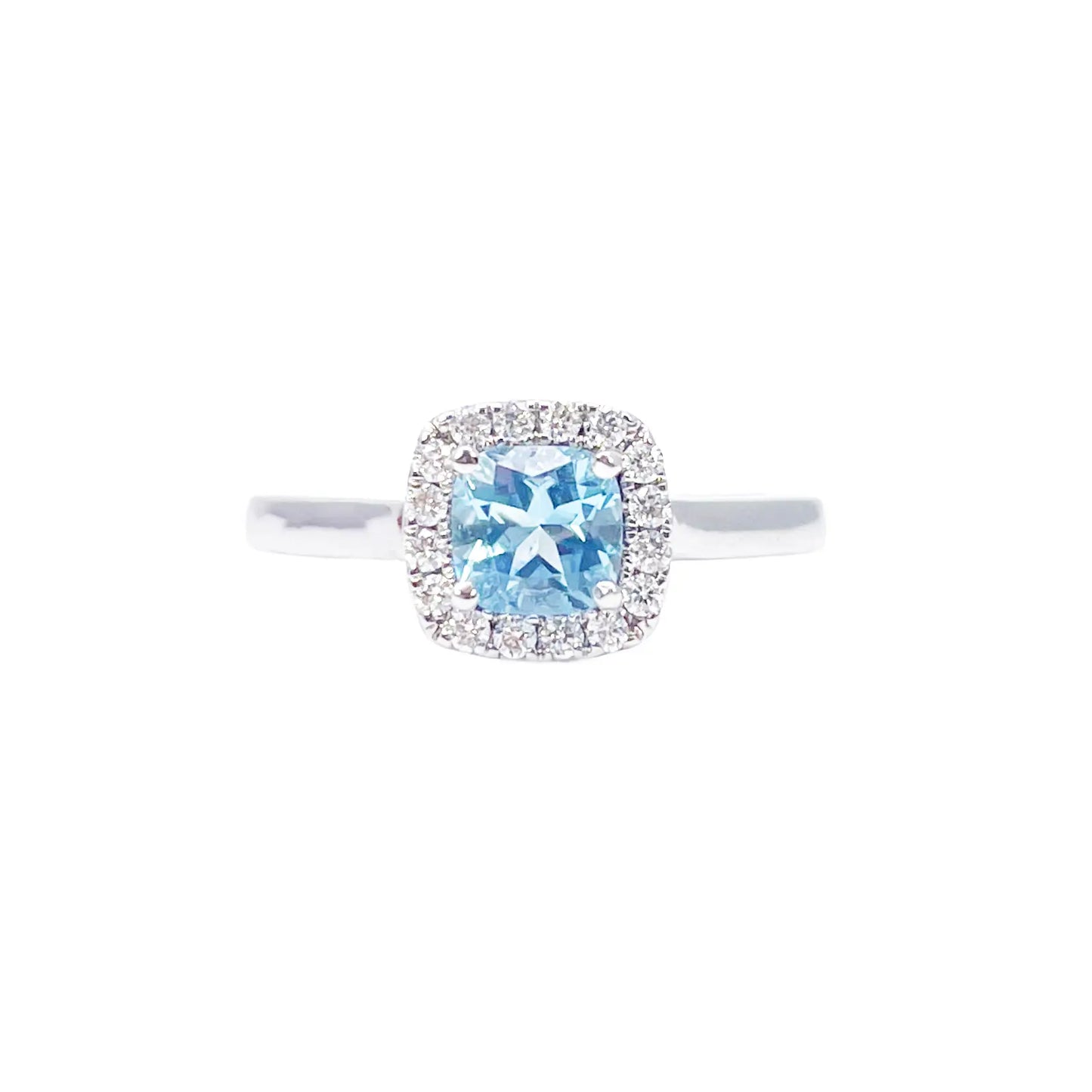 18ct White Gold Aquamarine & Diamond Halo Cluster Cushion Ring 0.70ct  Diamond Ring