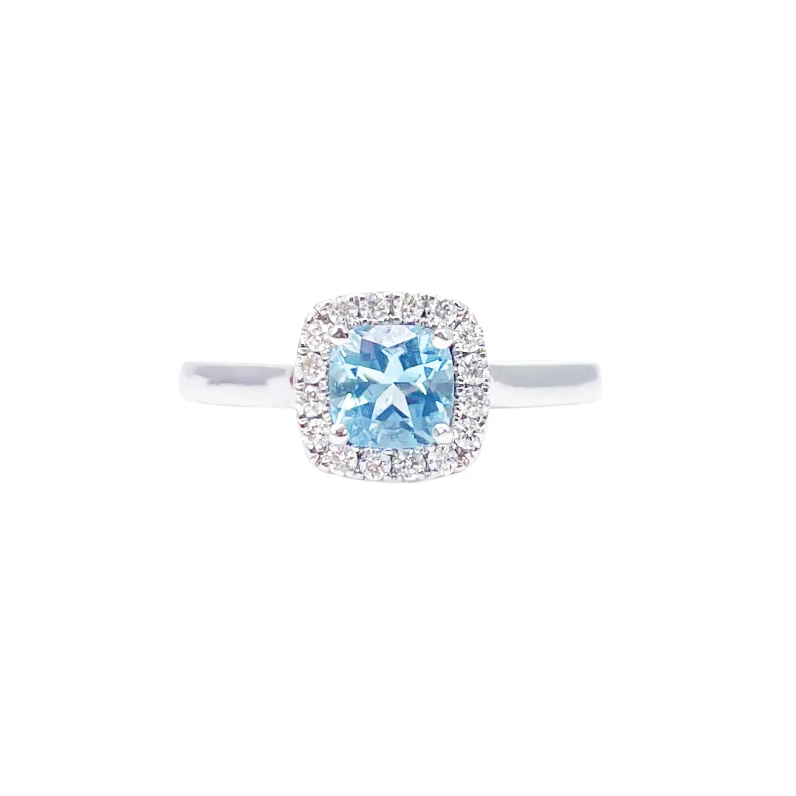 18ct White Gold Aquamarine & Diamond Halo Cluster Cushion Ring 0.70ct  Diamond Ring
