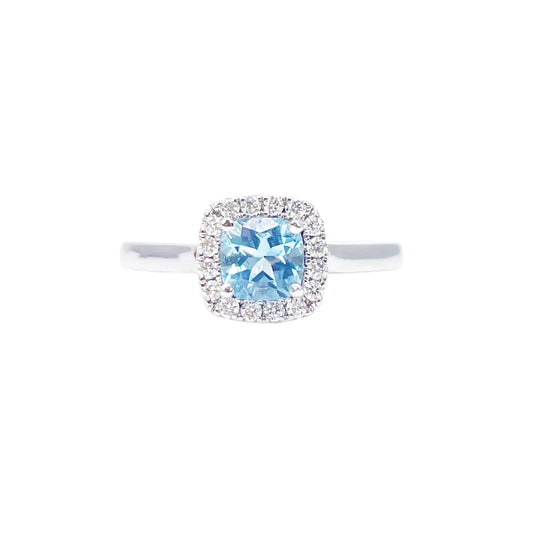 18ct White Gold Aquamarine & Diamond Halo Cluster Cushion Ring 0.70ct  Diamond Ring