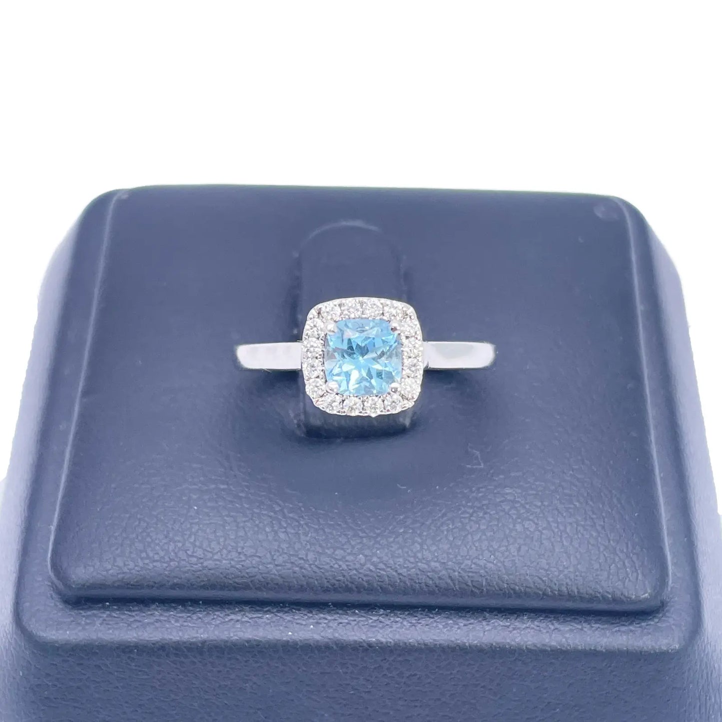 18ct White Gold Aquamarine & Diamond Halo Cluster Cushion Ring 0.70ct  Diamond Ring