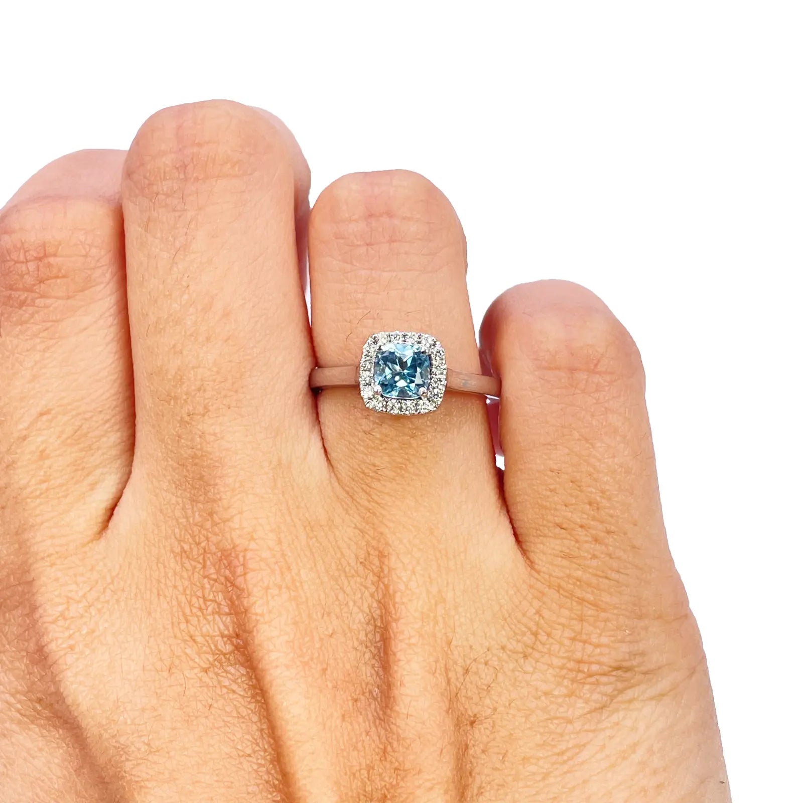 18ct White Gold Aquamarine & Diamond Halo Cluster Cushion Ring 0.70ct  Diamond Ring