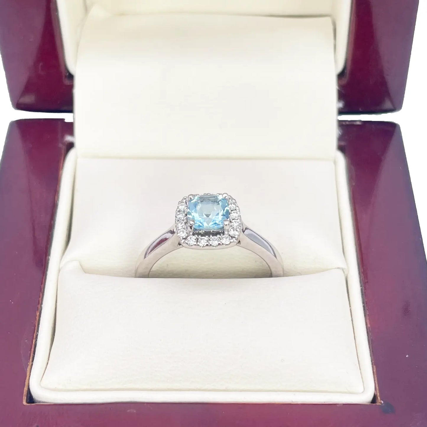18ct White Gold Aquamarine & Diamond Halo Cluster Cushion Ring 0.70ct  Diamond Ring