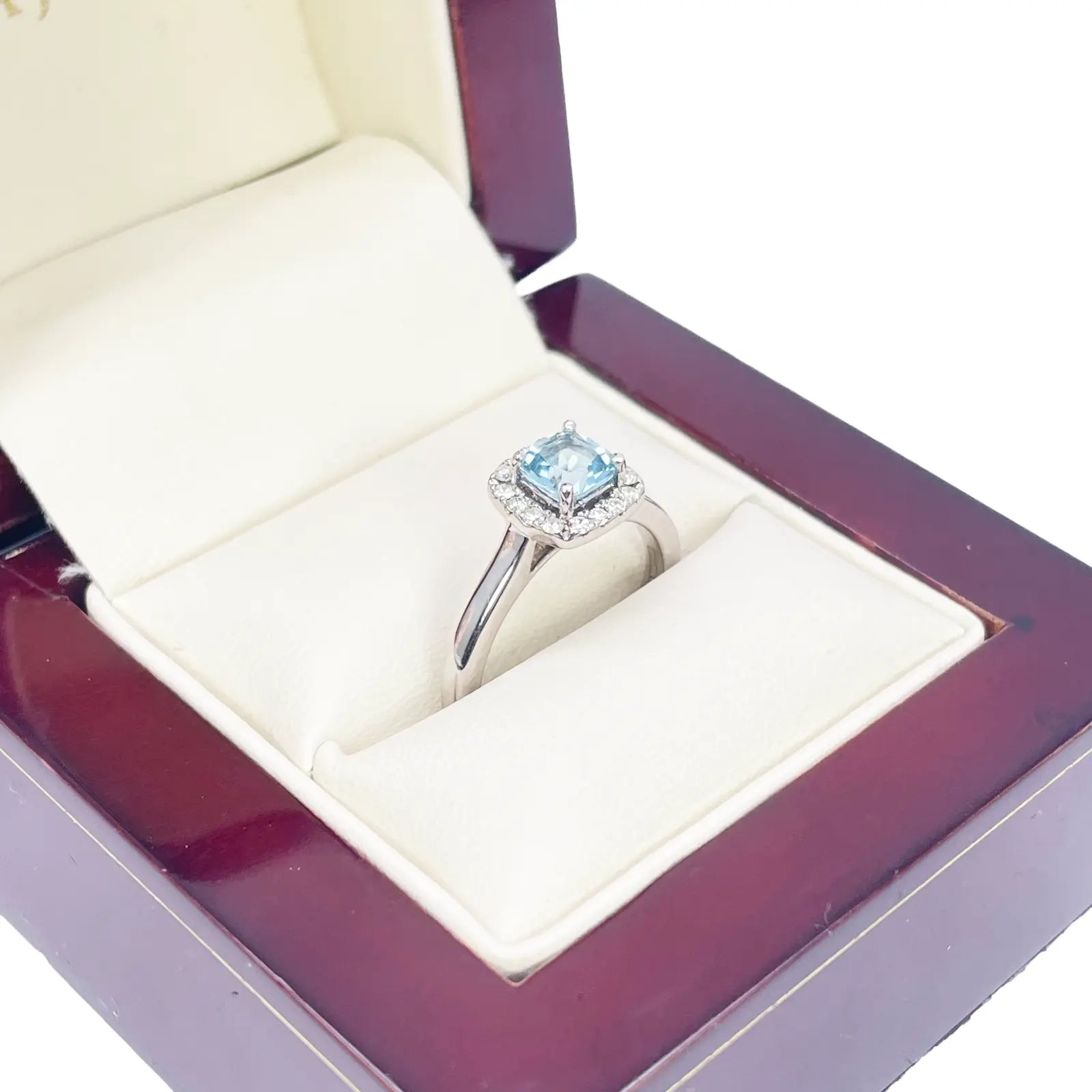18ct White Gold Aquamarine & Diamond Halo Cluster Cushion Ring 0.70ct  Diamond Ring