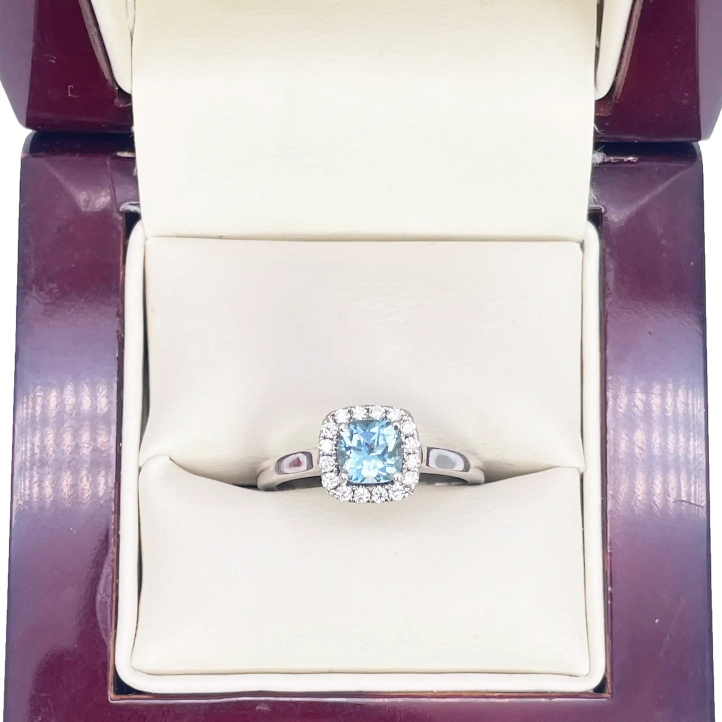 18ct White Gold Aquamarine & Diamond Halo Cluster Cushion Ring 0.70ct  Diamond Ring