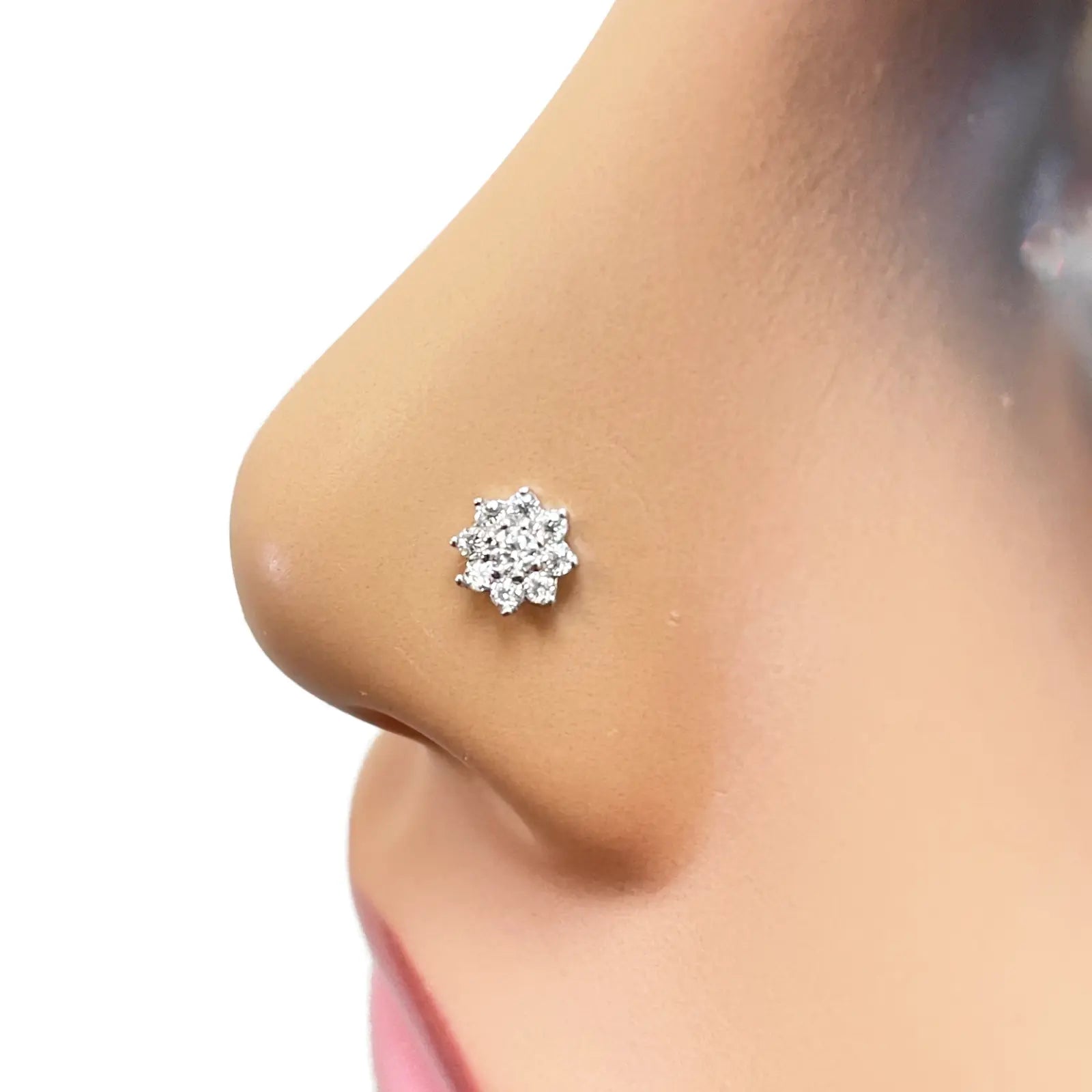 18ct White Gold Beautiful Eight Petal Cubic Zirconia Floral Nose Stud/Pin 5.5mm Width 
