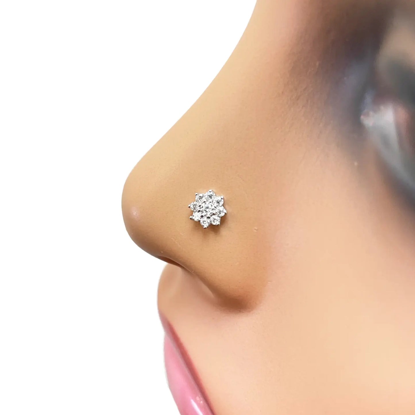 18ct White Gold Beautiful Eight Petal Cubic Zirconia Floral Nose Stud/Pin 5.5mm Width 