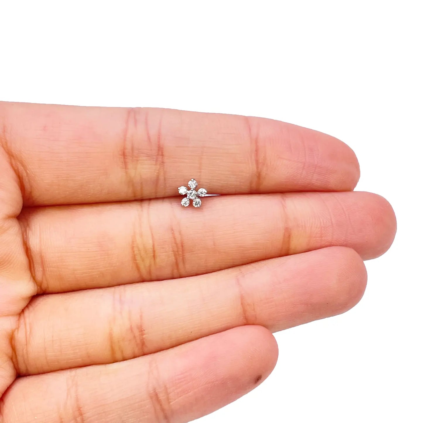 18ct White Gold Beautiful Five Cubic Zirconia Petal Floral Nose Stud/Pin 5.5mm Width 