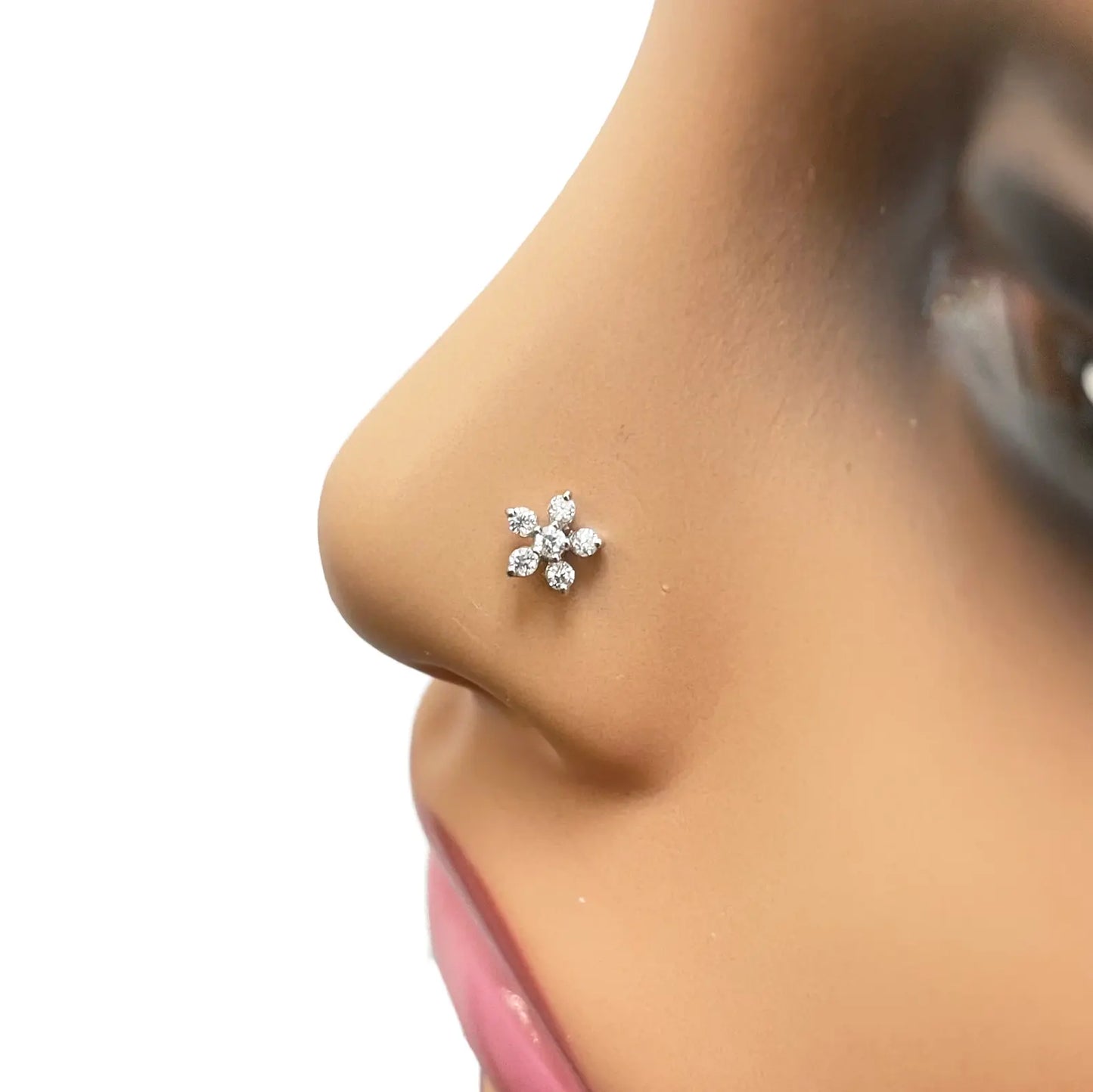 18ct White Gold Beautiful Five Cubic Zirconia Petal Floral Nose Stud/Pin 5.5mm Width 