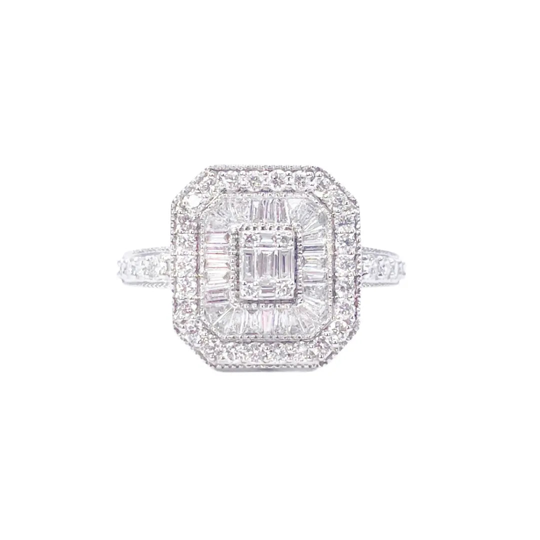 18ct White Gold Diamond Round-Baguette Cluster Ring 0.75ct  Diamond Ring