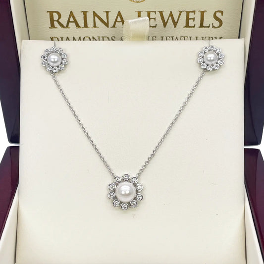 18ct White Gold Diamond & Freshwater Pearls Floral Necklace/Earrings Set 2.73ct 