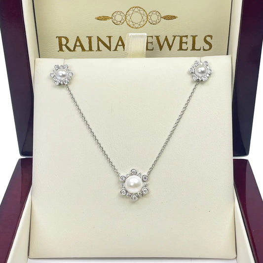 18ct White Gold Diamond & Freshwater Pearls Flower Necklace/Earrings Set 2.62ct 