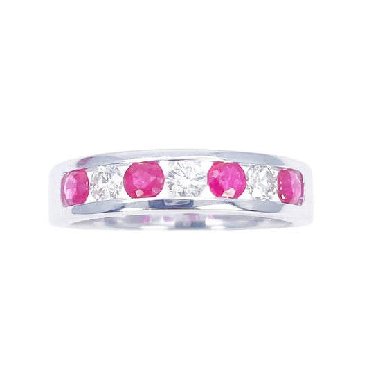 18ct White Gold Diamond & Ruby 7 Stone Half Eternity Channel Set Ring 0.85ct 