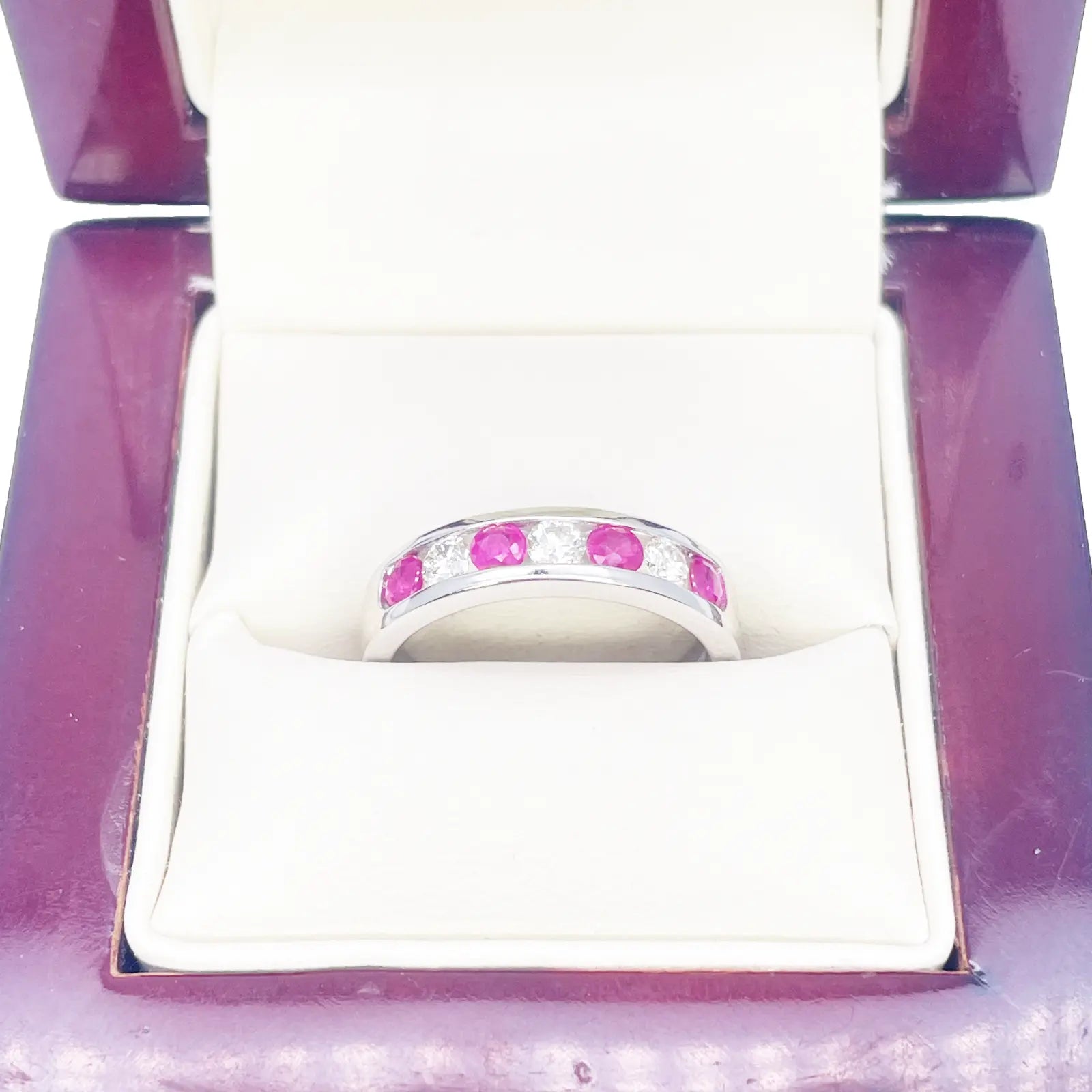 18ct White Gold Diamond & Ruby 7 Stone Half Eternity Channel Set Ring 0.85ct 