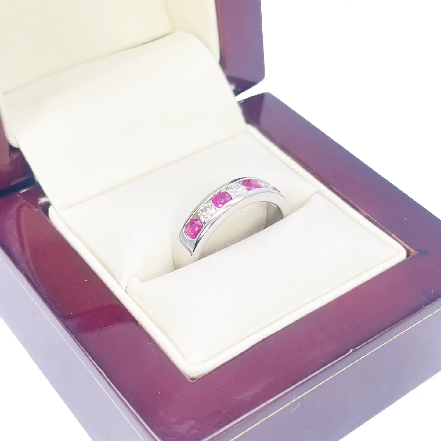 18ct White Gold Diamond & Ruby 7 Stone Half Eternity Channel Set Ring 0.85ct 