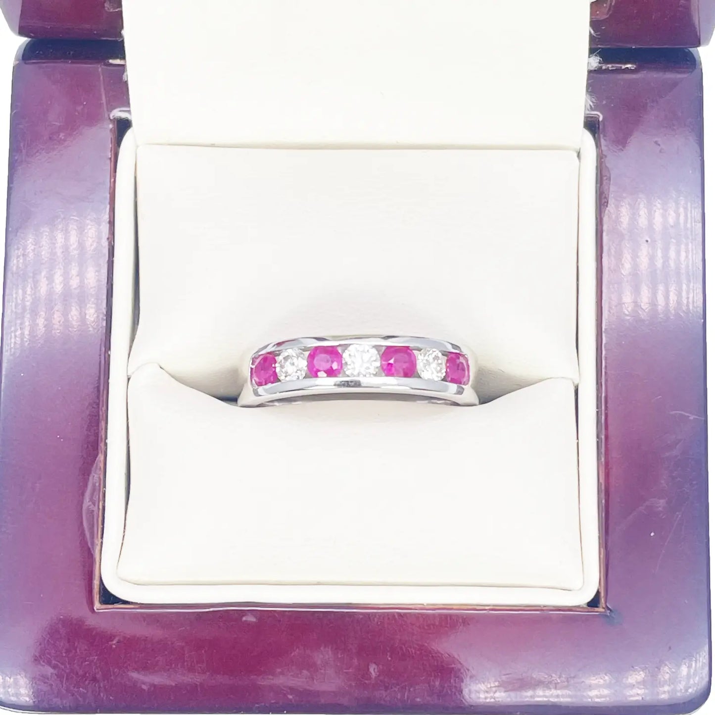 18ct White Gold Diamond & Ruby 7 Stone Half Eternity Channel Set Ring 0.85ct 