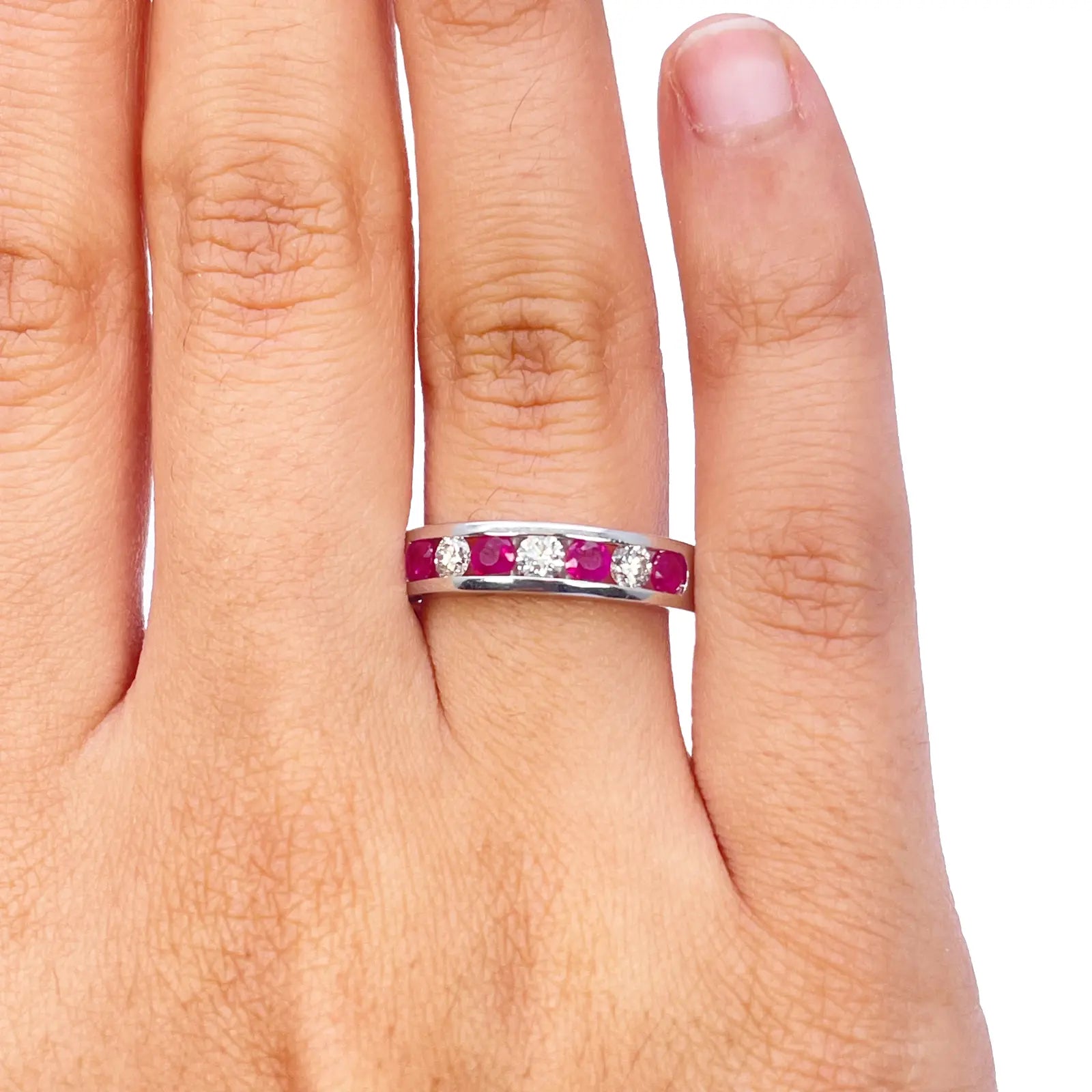 18ct White Gold Diamond & Ruby 7 Stone Half Eternity Channel Set Ring 0.85ct 