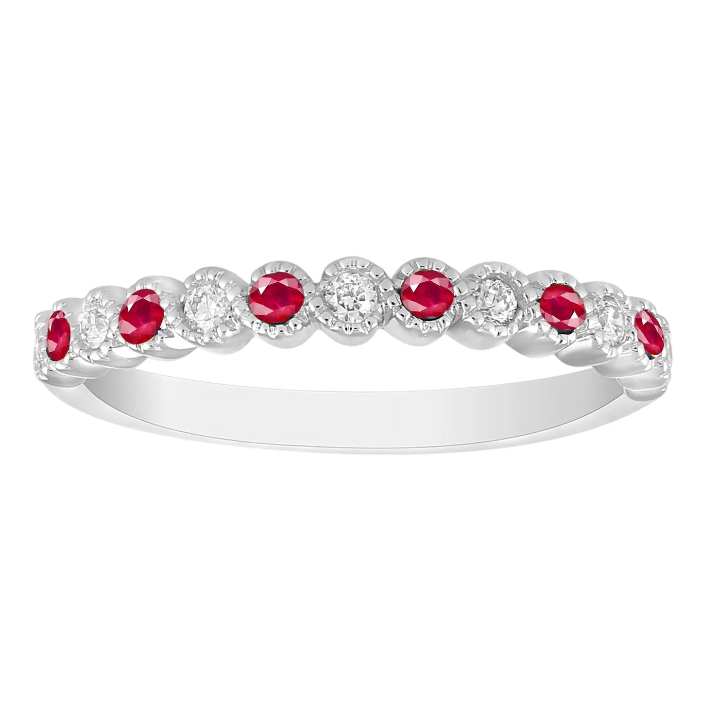 18ct White Gold Diamond & Ruby Half Eternity Milgrain Stackable Band 0.09ct  Diamond Ring