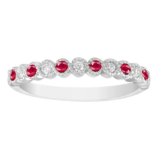 18ct White Gold Diamond & Ruby Half Eternity Milgrain Stackable Band 0.09ct  Diamond Ring