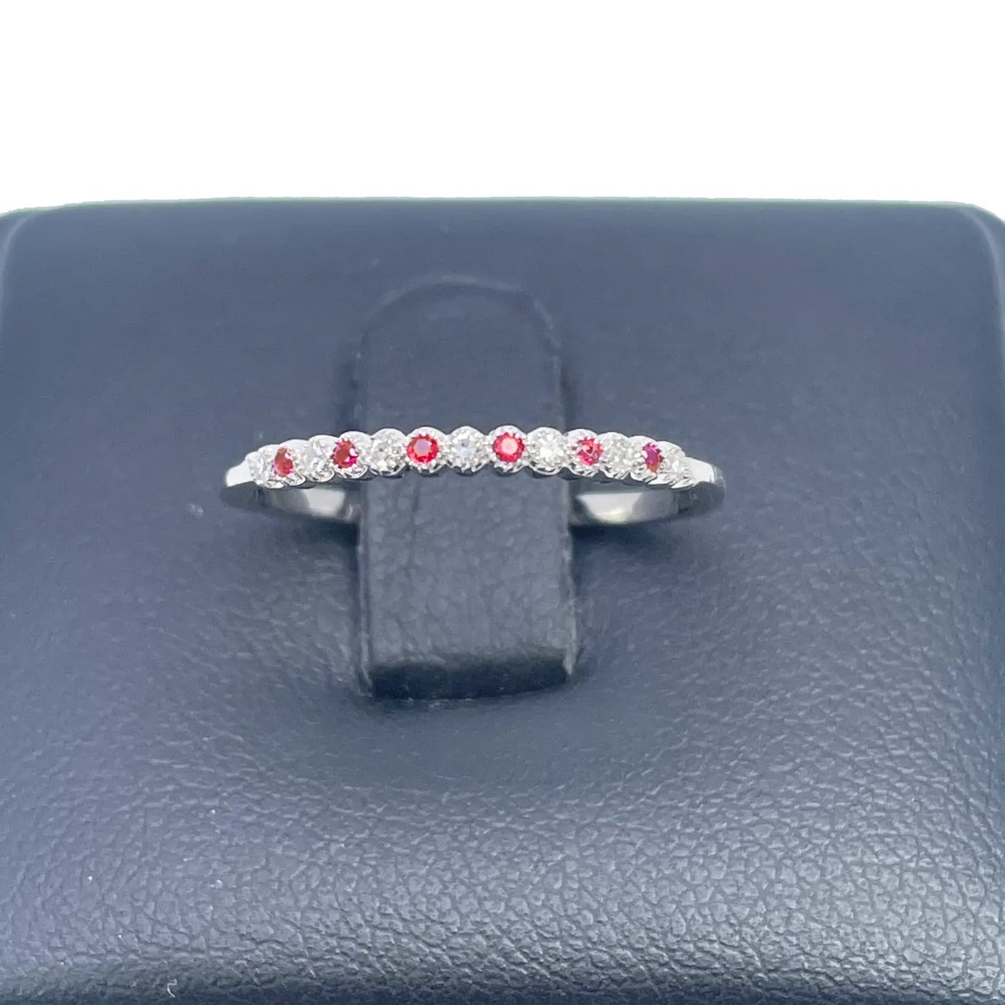 18ct White Gold Diamond & Ruby Half Eternity Milgrain Stackable Band 0.09ct  Diamond Ring