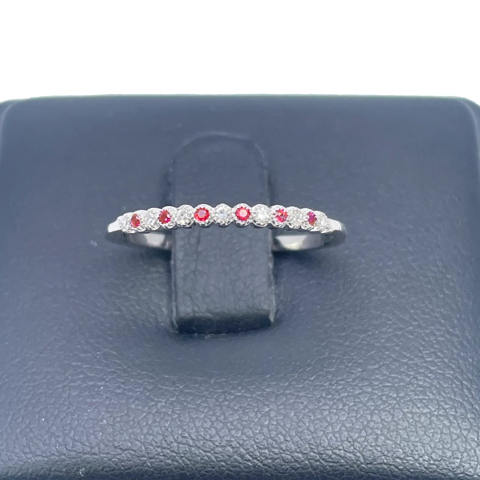 18ct White Gold Diamond & Ruby Half Eternity Milgrain Stackable Band 0.09ct  Diamond Ring