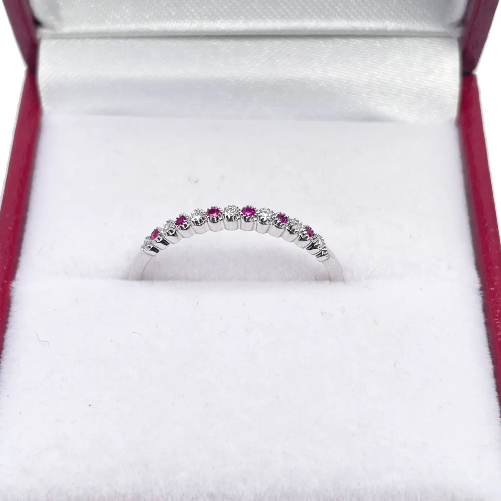 18ct White Gold Diamond & Ruby Half Eternity Milgrain Stackable Band 0.09ct  Diamond Ring