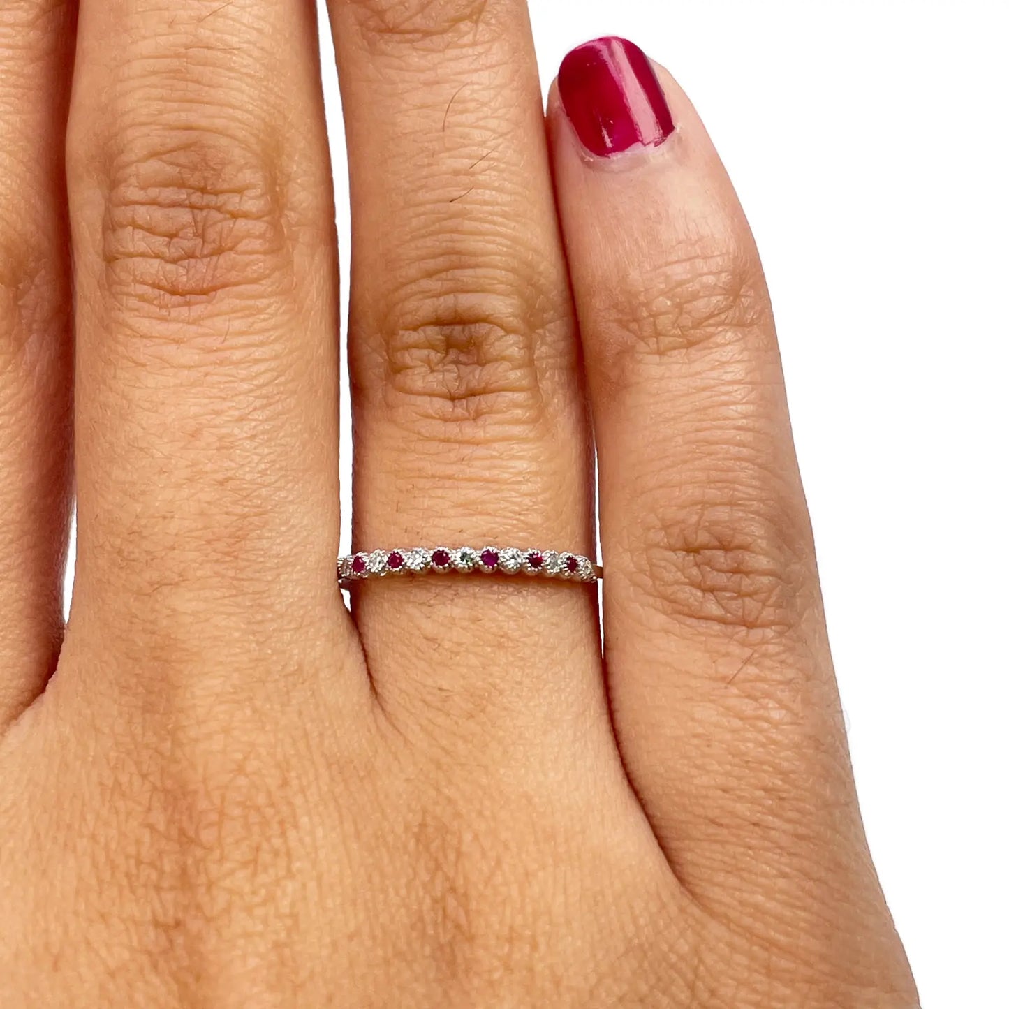 18ct White Gold Diamond & Ruby Half Eternity Milgrain Stackable Band 0.09ct  Diamond Ring