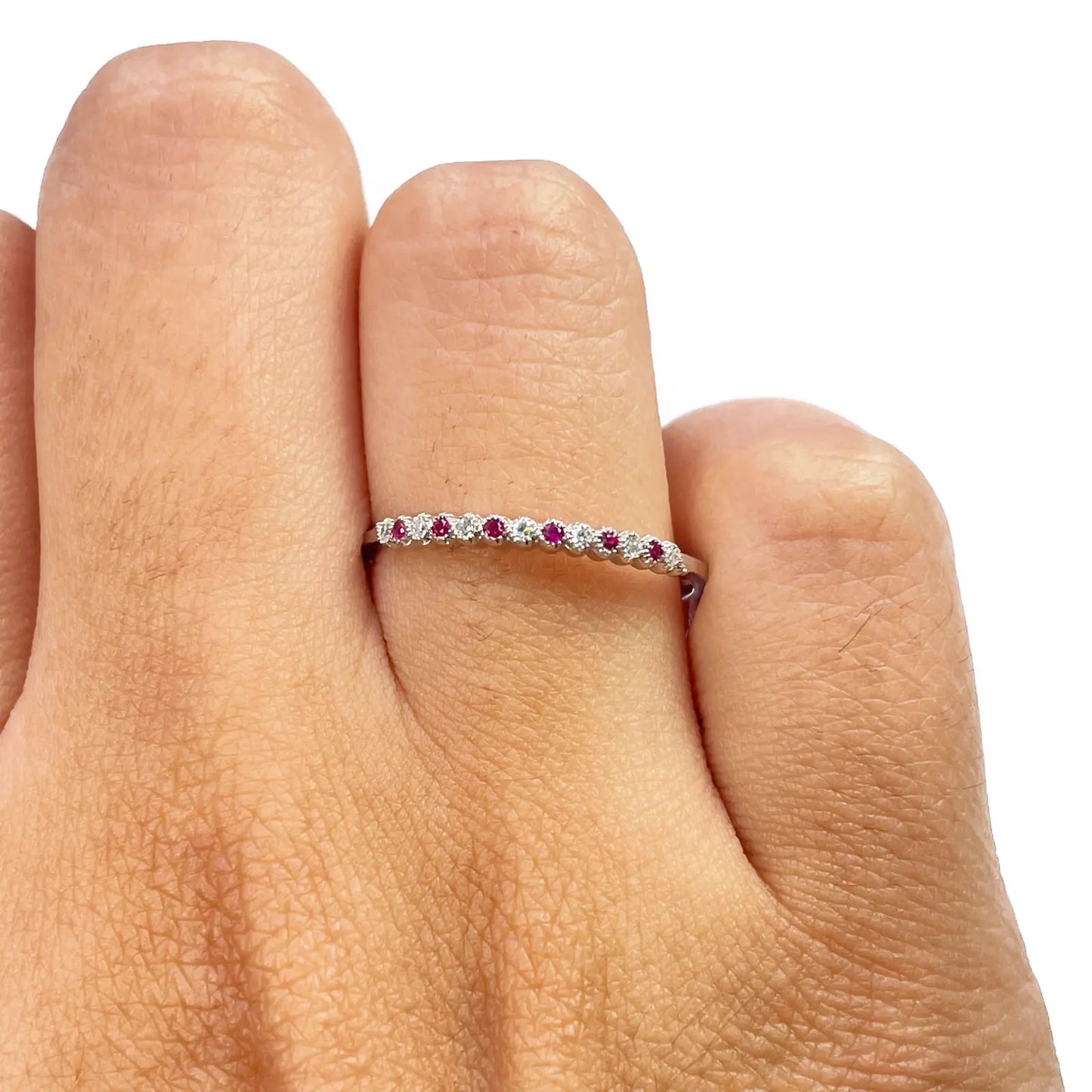 18ct White Gold Diamond & Ruby Half Eternity Milgrain Stackable Band 0.09ct  Diamond Ring