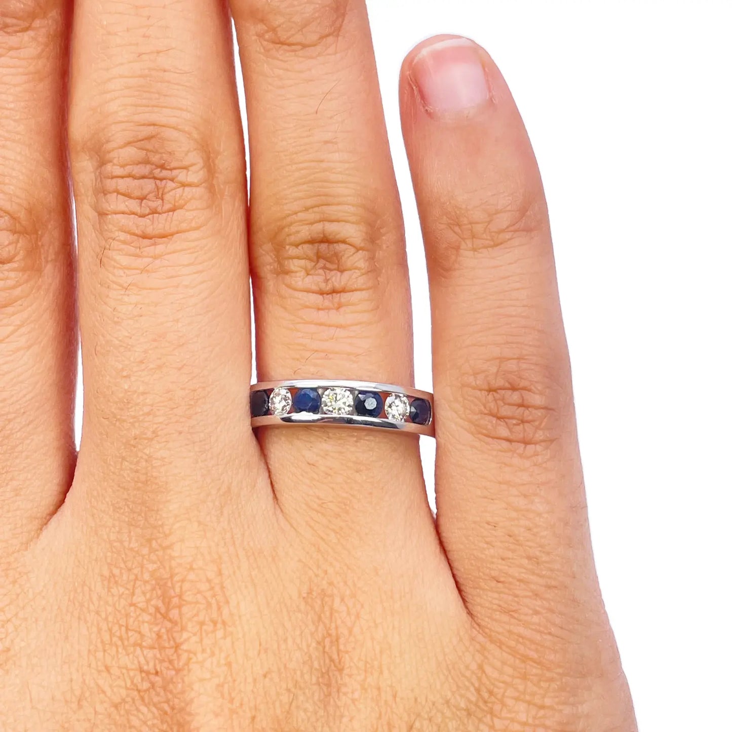 18ct White Gold Diamond & Sapphire 7 Stone Half Eternity Channel Set Ring 0.80ct  Diamond Ring