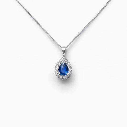 18ct White Gold Double Row Halo Diamond Blue Sapphire Pear Pendant&Chain 0.32ct  Diamond Necklace