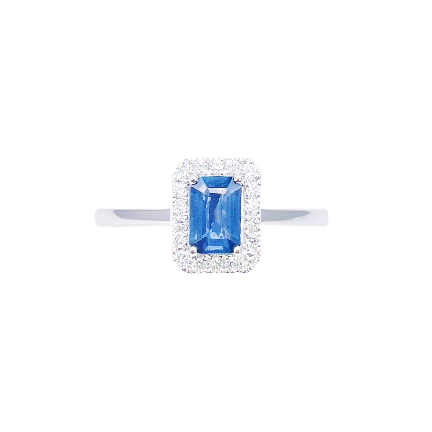 18ct White Gold Emerald Cut Blue Sapphire & Diamond Halo Ring 0.79ct  Diamond Ring