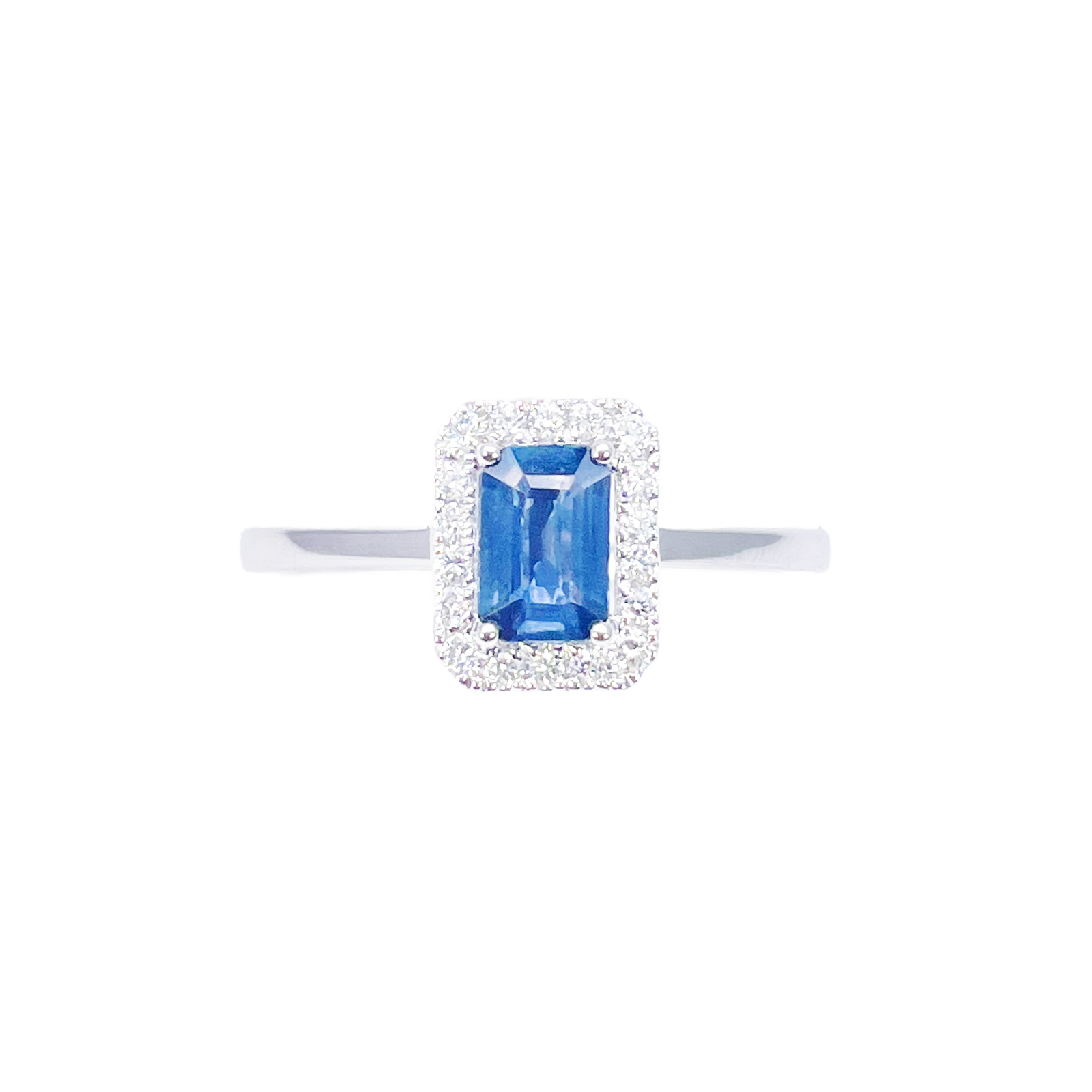 18ct White Gold Emerald Cut Blue Sapphire & Diamond Halo Ring 0.79ct  Diamond Ring