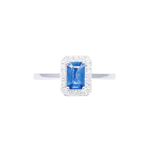 18ct White Gold Emerald Cut Blue Sapphire & Diamond Halo Ring 0.79ct  Diamond Ring