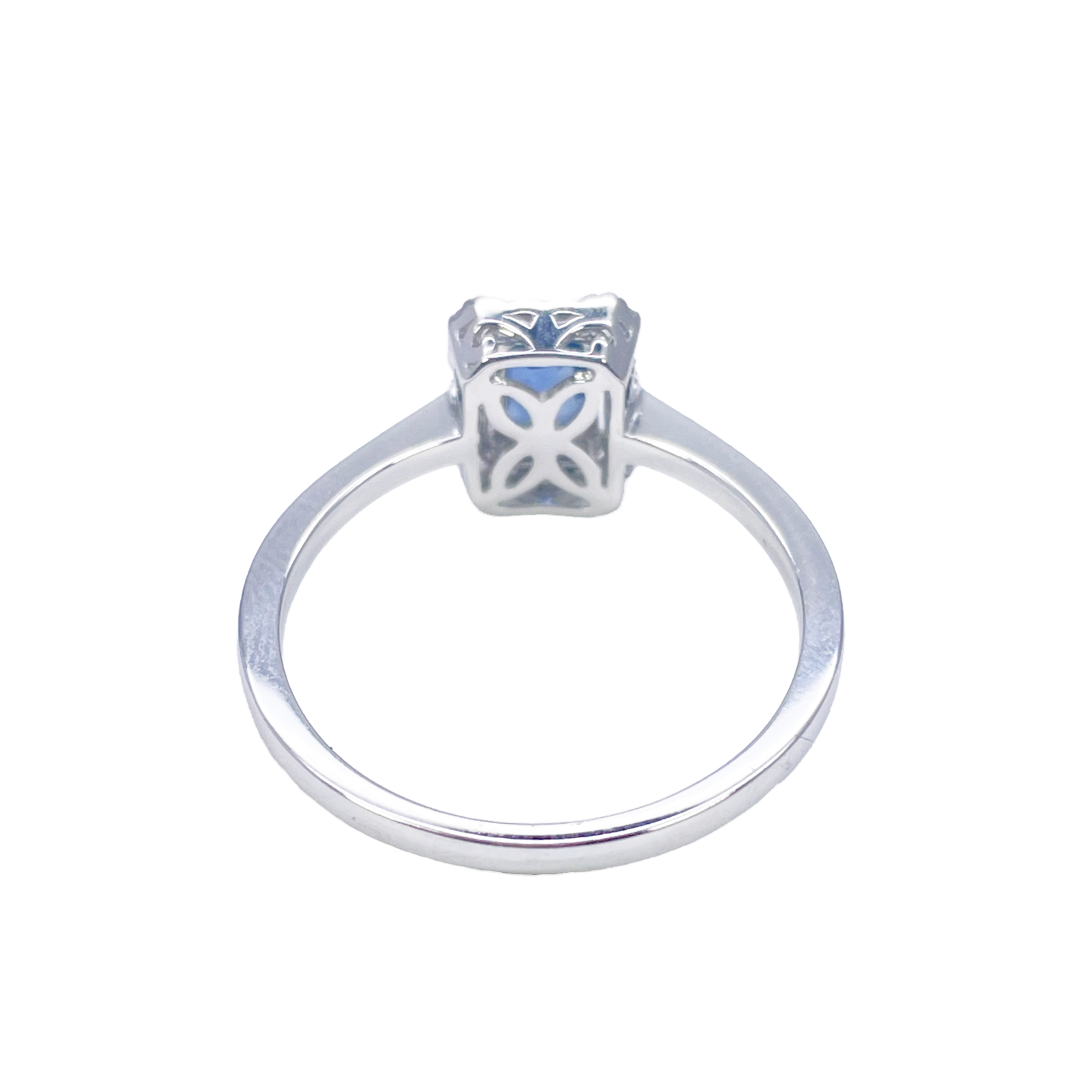 18ct White Gold Emerald Cut Blue Sapphire & Diamond Halo Ring 0.79ct  Diamond Ring