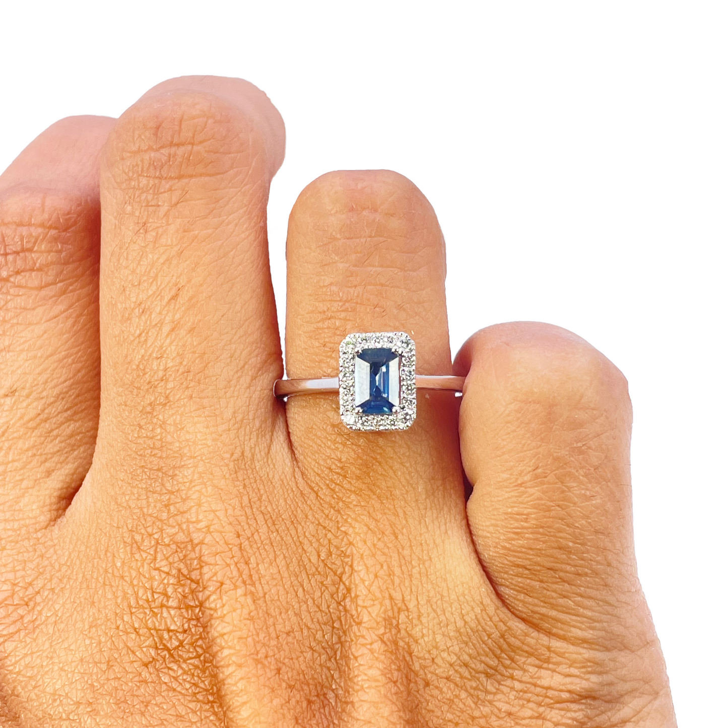 18ct White Gold Emerald Cut Blue Sapphire & Diamond Halo Ring 0.79ct  Diamond Ring