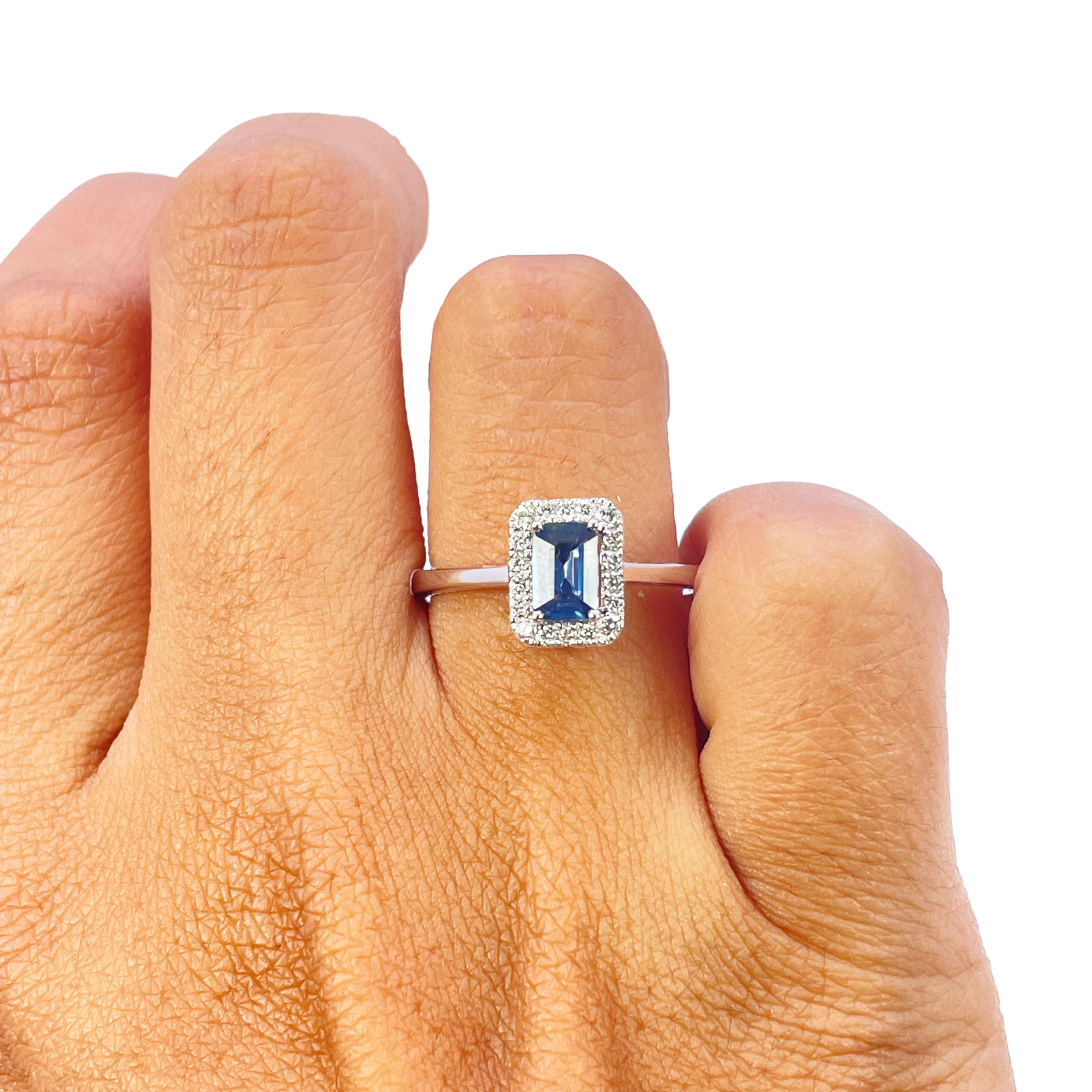 18ct White Gold Emerald Cut Blue Sapphire & Diamond Halo Ring 0.79ct  Diamond Ring