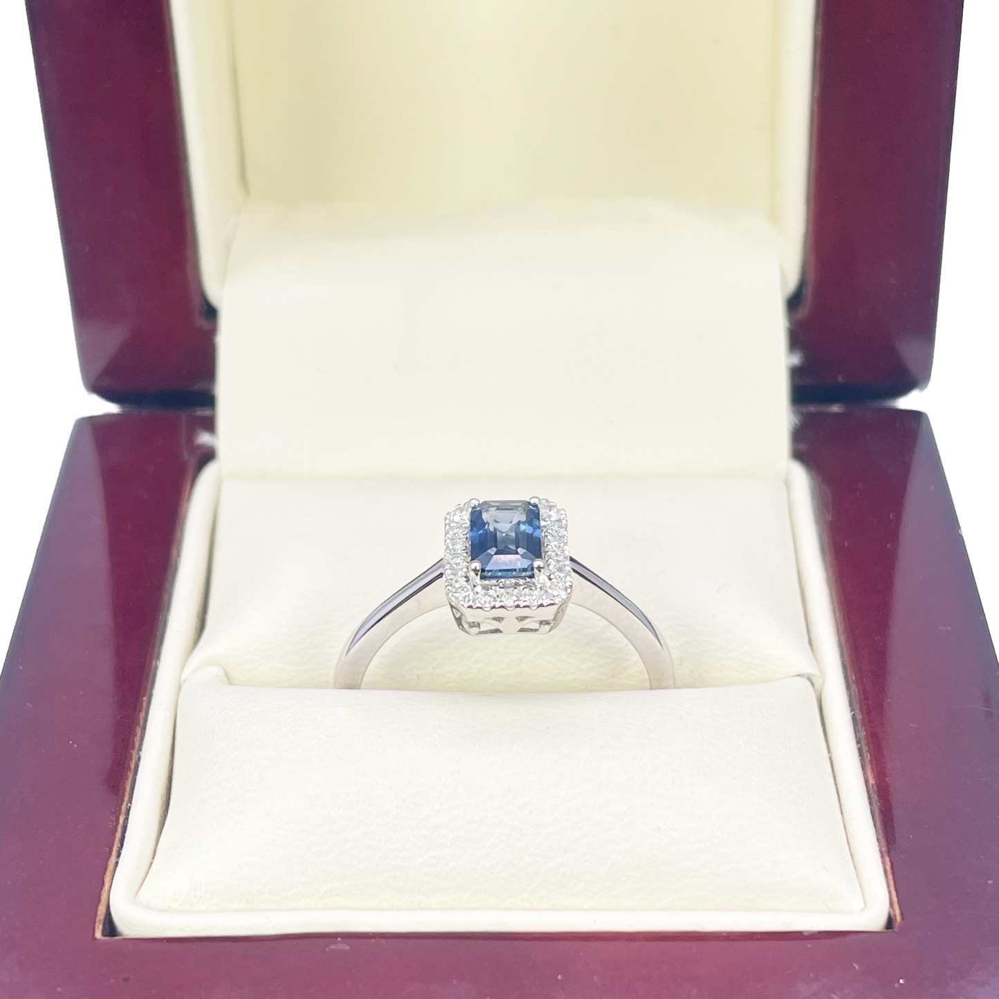 18ct White Gold Emerald Cut Blue Sapphire & Diamond Halo Ring 0.79ct  Diamond Ring